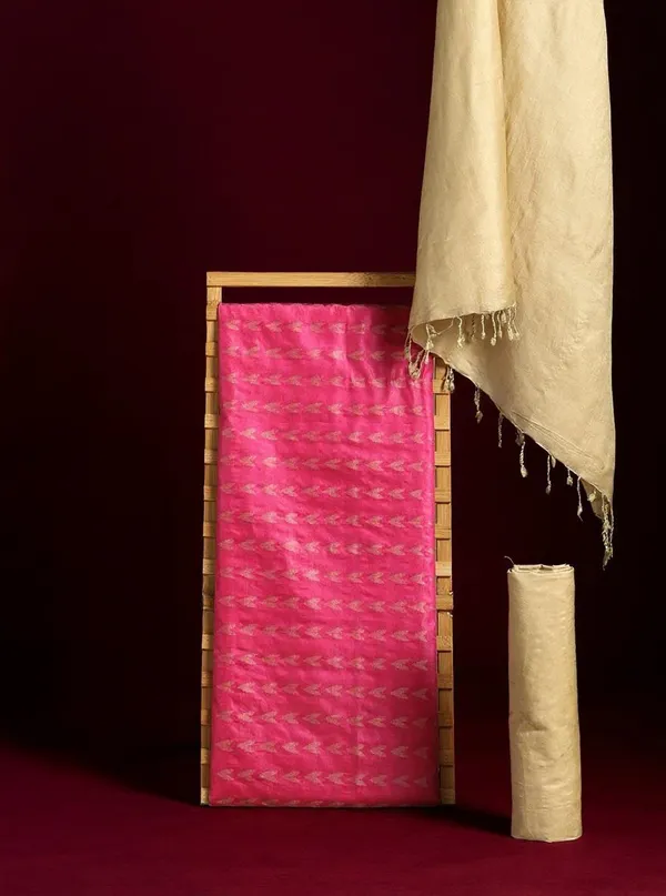 Katan_Silk_Jaquard_Weaving_Suit_Rani_Pink_&_Beige