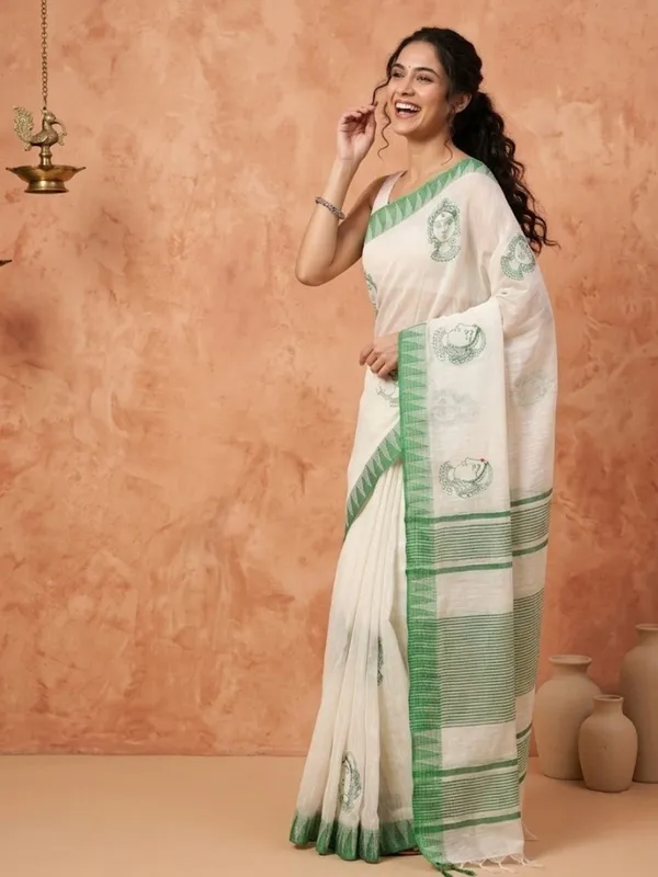 Prakriti_Kora_Silk_Embroidered_Saree_White_&_Green