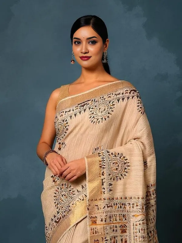Rangini_Madhubani_Banswara_Cotton_Silk_Saree_Regal_Beige