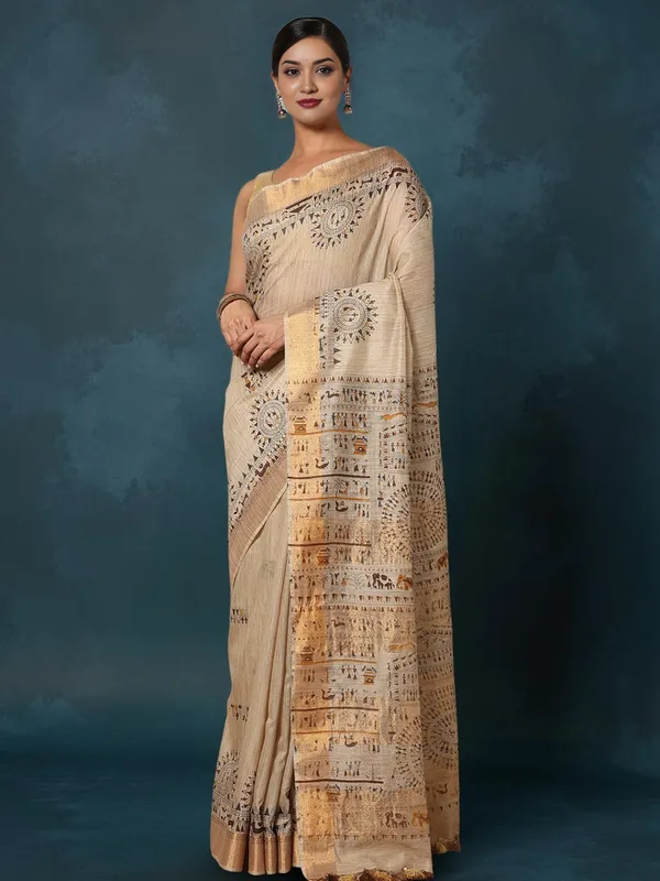 Rangini_Madhubani_Banswara_Cotton_Silk_Saree_Regal_Beige