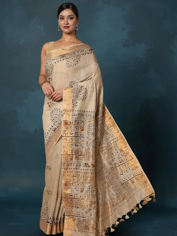 Rangini_Madhubani_Banswara_Cotton_Silk_Saree_Regal_Beige