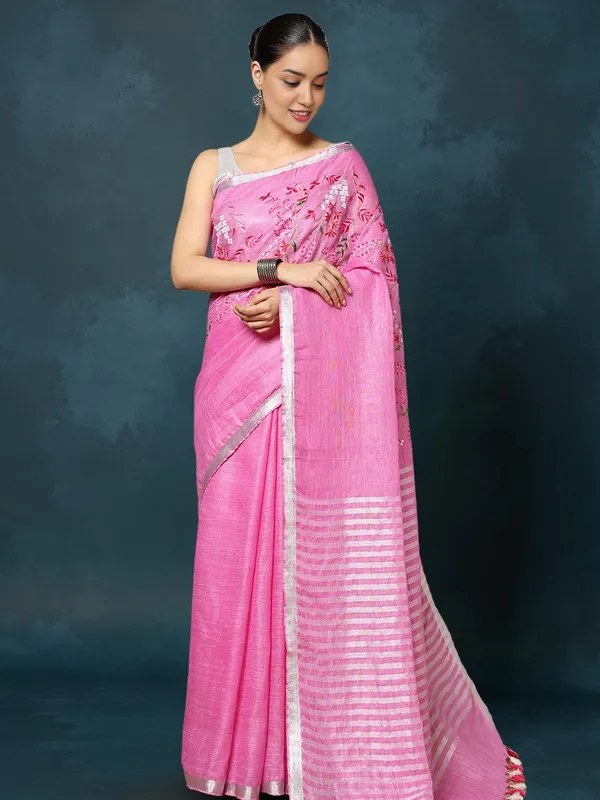 Gulmohar_Pure_Linen_Hand_Embroidered_Saree_Soft_Pink