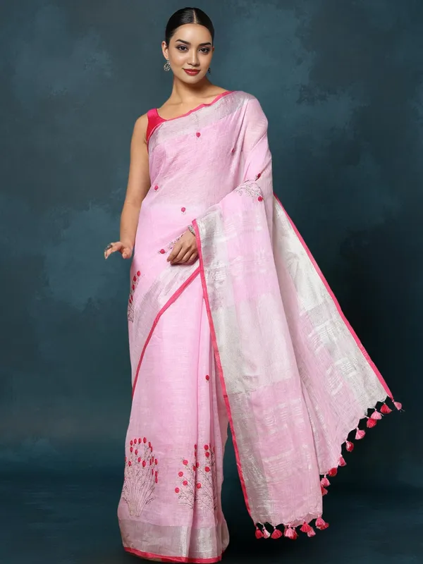 Gulmohar_Pure_Linen_Embroidered_Saree_Pale_Pink