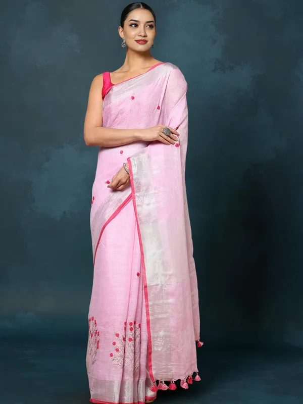Gulmohar_Pure_Linen_Embroidered_Saree_Pale_Pink
