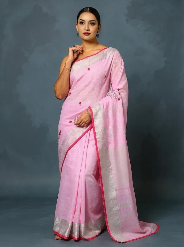 Gulmohar_Pure_Linen_Embroidered_Saree_Pale_Pink