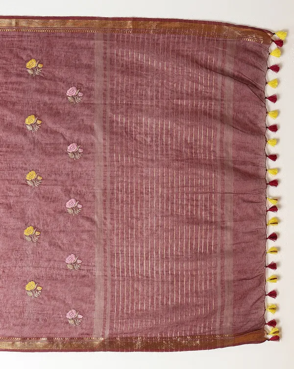 Aabha_Silk_Linen_Embroidered_Saree_Rich_Wine