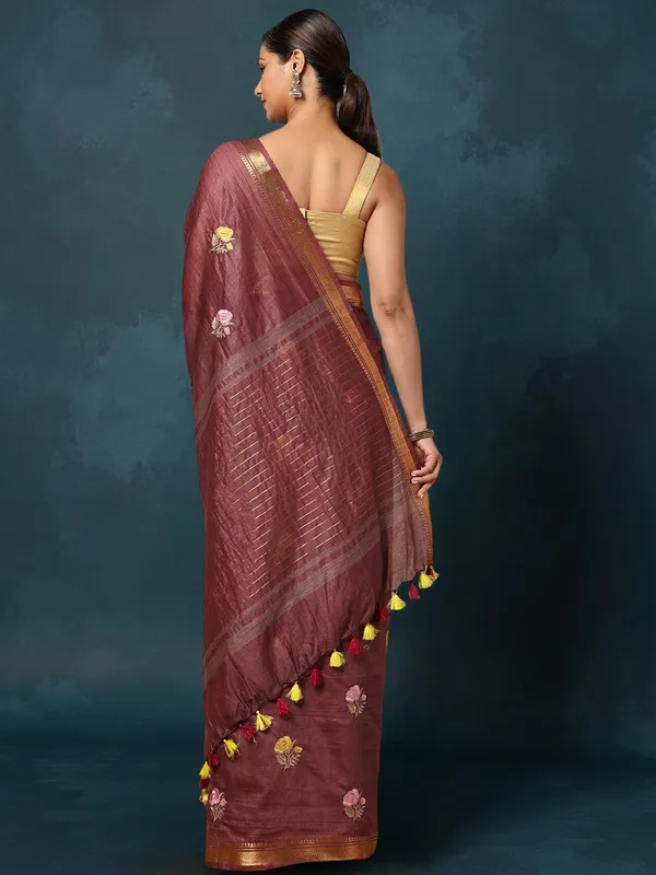 Aabha_Silk_Linen_Embroidered_Saree_Rich_Wine