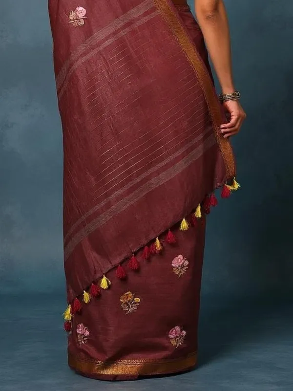 Aabha_Silk_Linen_Embroidered_Saree_Rich_Wine
