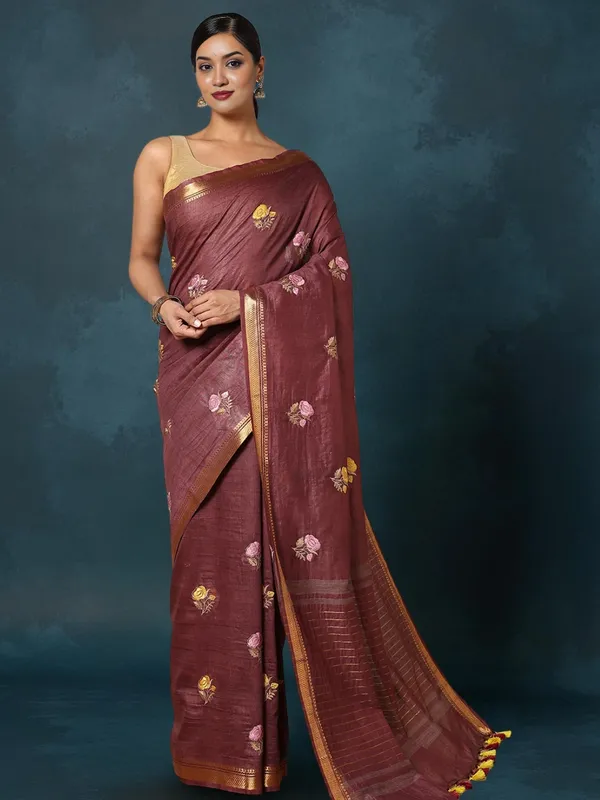 Aabha_Silk_Linen_Embroidered_Saree_Rich_Wine