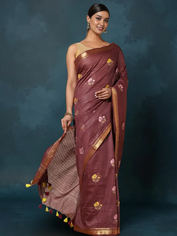 Aabha_Silk_Linen_Embroidered_Saree_Rich_Wine