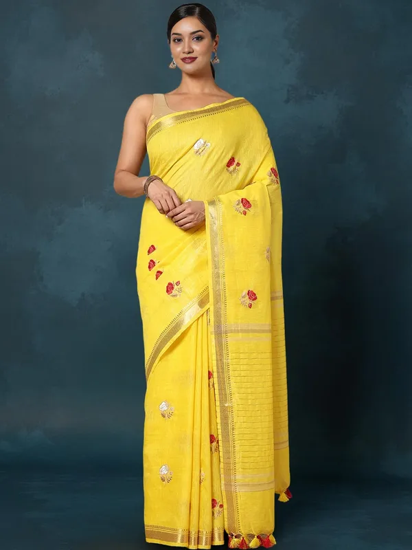 Aabha_Silk_Linen_Embroidered_Saree_Bright_Yellow