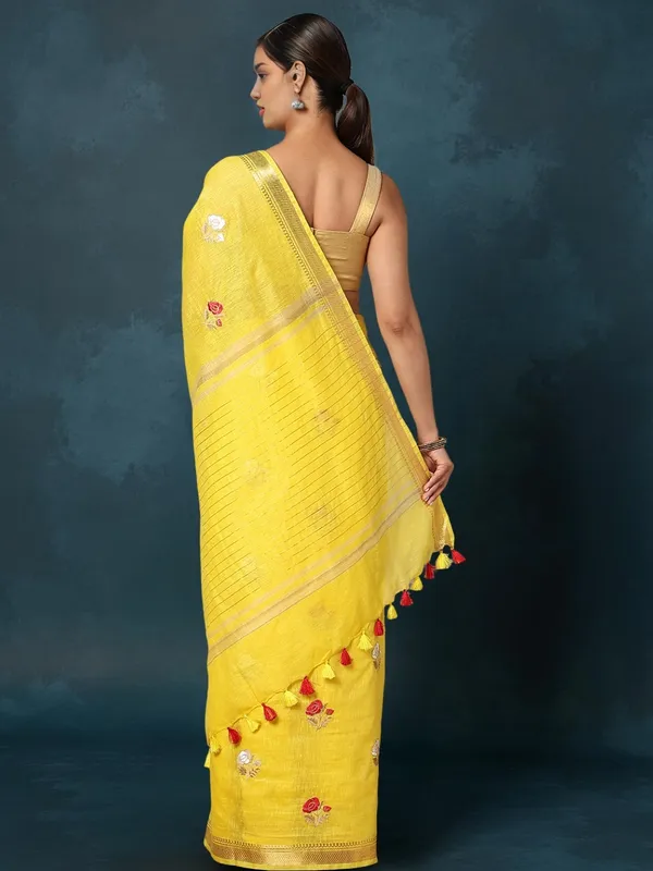 Aabha_Silk_Linen_Embroidered_Saree_Bright_Yellow