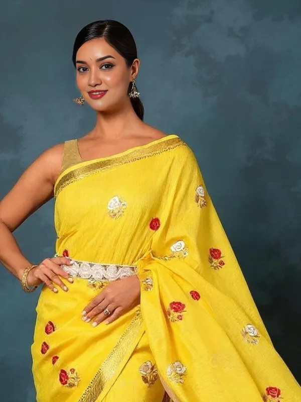 Aabha_Silk_Linen_Embroidered_Saree_Bright_Yellow