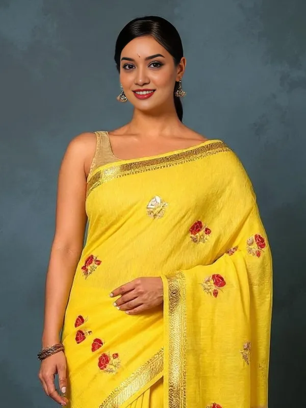 Aabha_Silk_Linen_Embroidered_Saree_Bright_Yellow