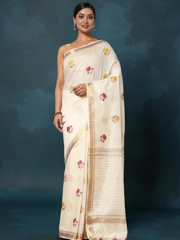 Aabha_Silk_Linen_Embroidered_Saree_Off_White