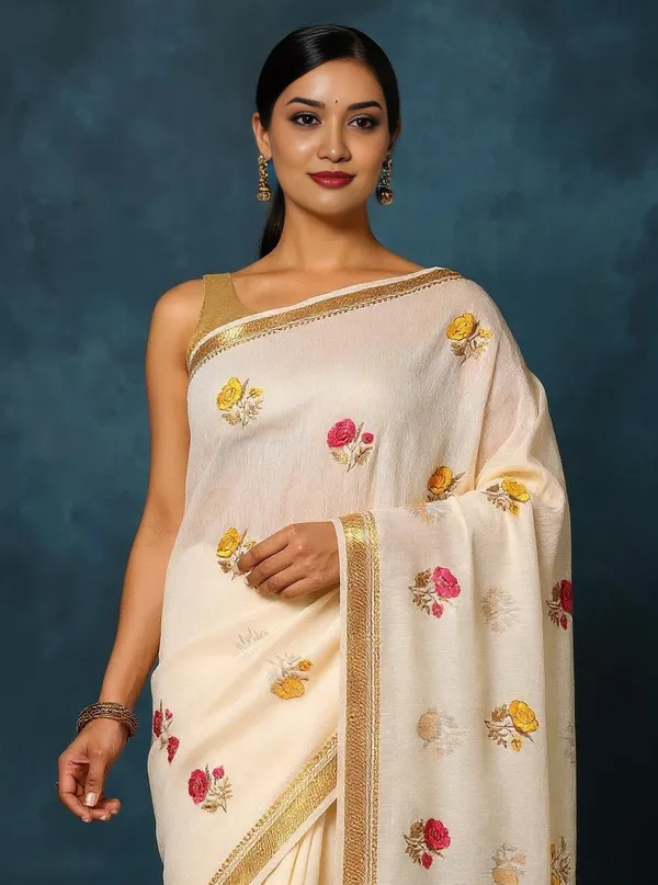 Aabha_Silk_Linen_Embroidered_Saree_Off_White
