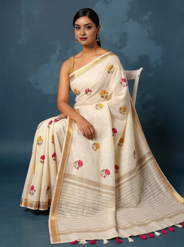 Aabha_Silk_Linen_Embroidered_Saree_Off_White