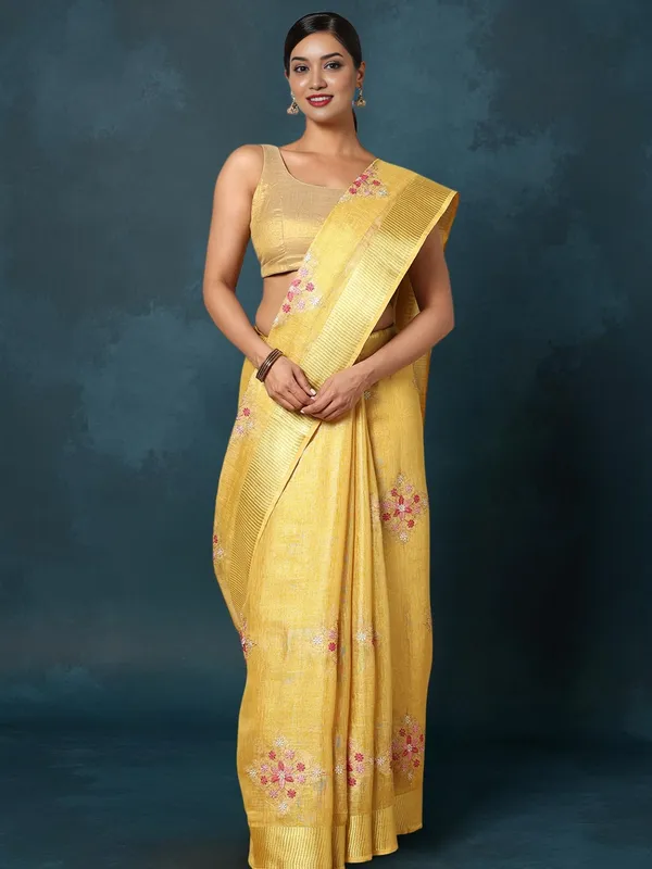 Shiromani_Tissue_Linen_Mustard_Yellow_Embroidery_Saree
