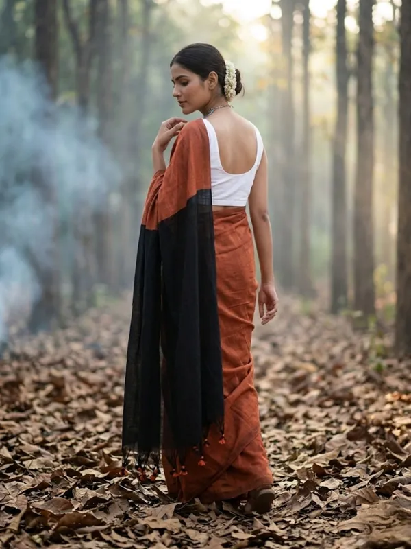 Earthloom_Handdyed_Khadi_Cotton_Saree_Warm_Rust