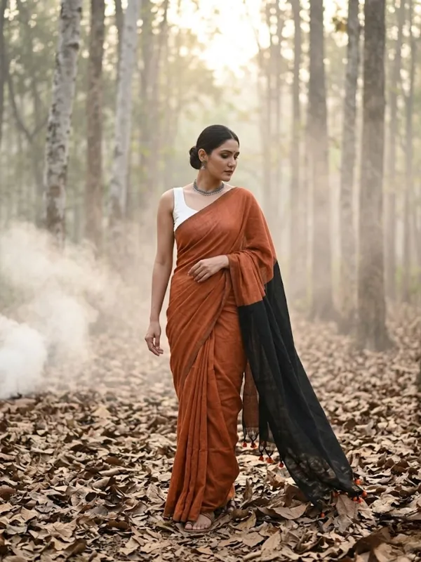 Earthloom_Handdyed_Khadi_Cotton_Saree_Warm_Rust