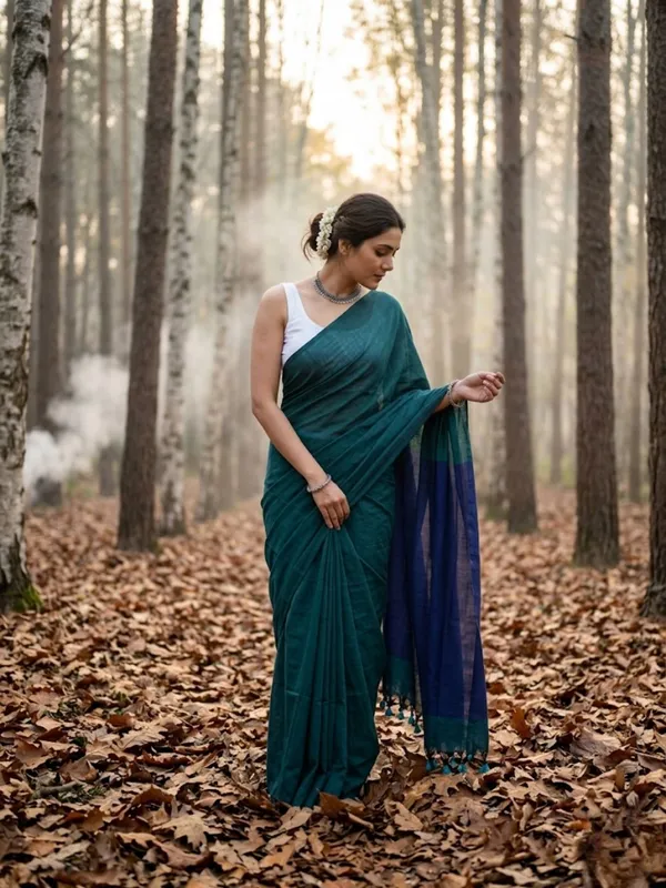 Earthloom_Handdyed_Khadi_Cotton_Saree_Moss_Green