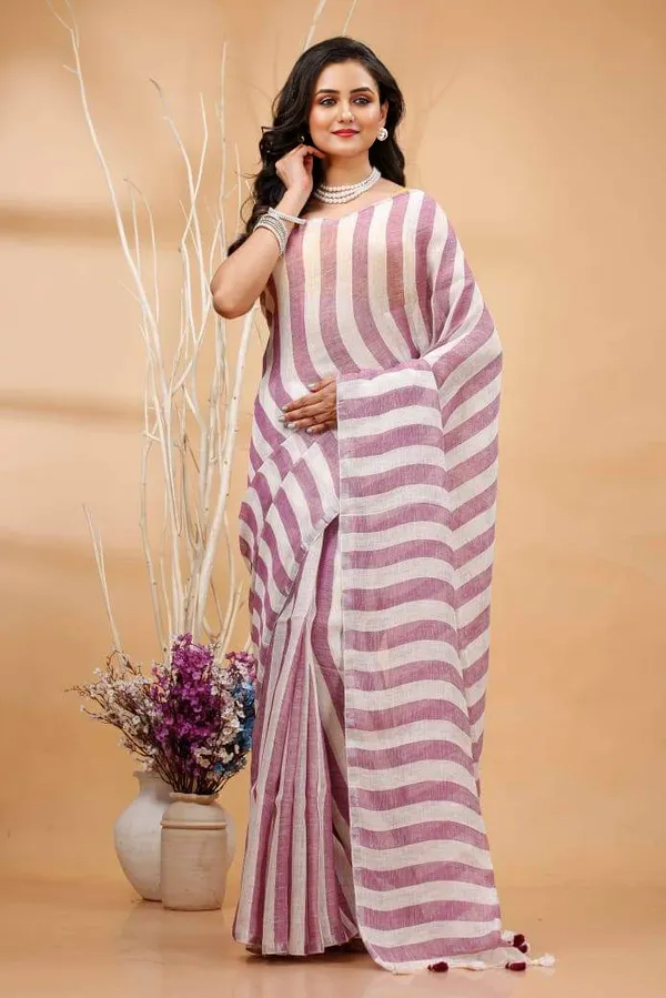 Noor-e-Linen_Hand_Dyed_Pure_Striped_Saree