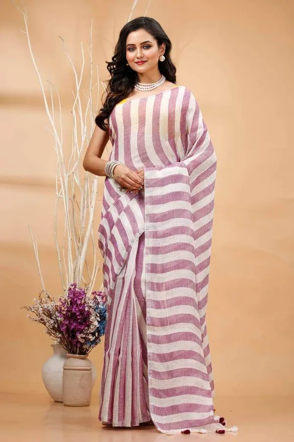 Noor-e-Linen_Hand_Dyed_Pure_Striped_Saree