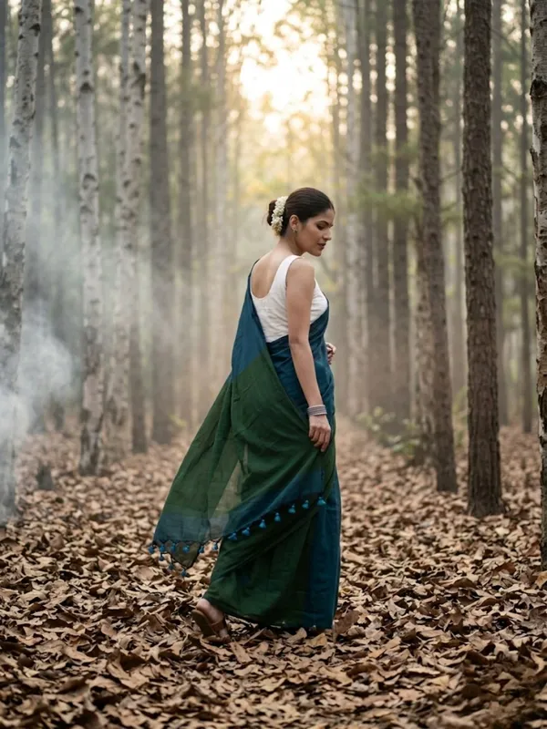 Earthloom_Handdyed_Khadi_Cotton_Saree_Dark_Green
