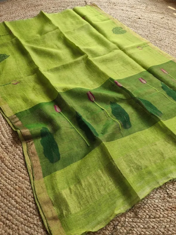Iraaya_Handloom_Pure_Jayashree_Silk_Linen_Saree_Lime_Green
