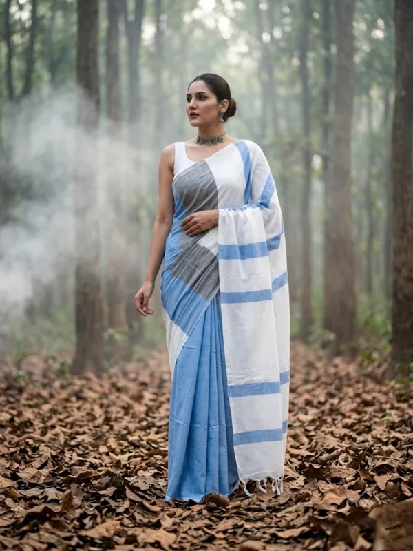 Earthloom_Handdyed_Khadi_Cotton_Saree_White_&_Blue