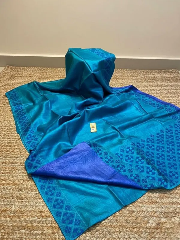 Mridini_Silkmark_Tussar_Silk_Embroidery_Saree_Teal_Blue