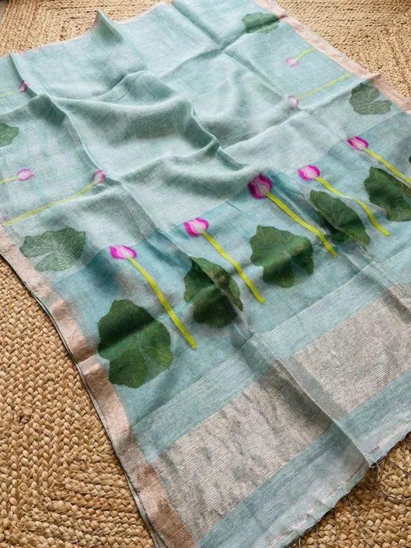 Iraaya_Handloom_Pure_Jayashree_Silk_Linen_Saree_Teal_Blue