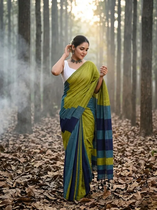 Earthloom_Handdyed_Khadi_Cotton_Saree_Olive_Green