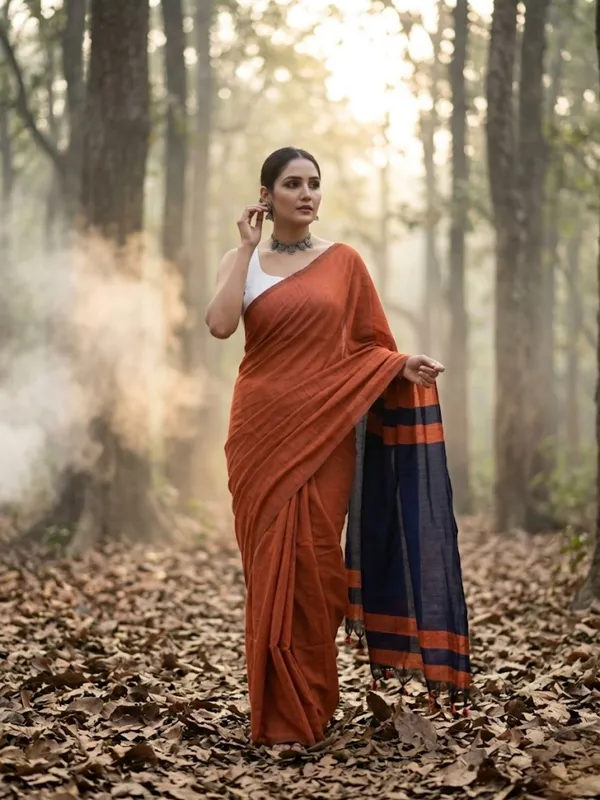 Earthloom_Handdyed_Khadi_Cotton_Saree_Vintage_Rust