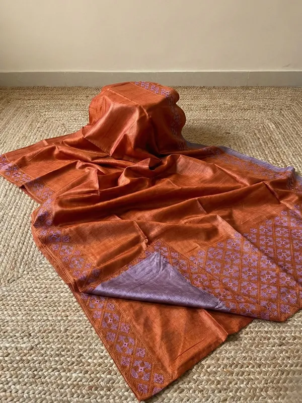 Mridini_Silkmark_Tussar_Silk_Embroidery_Saree_Rust_Orange