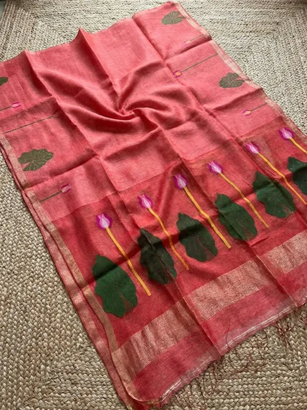 Iraaya_Handloom_Pure_Jayashree_Silk_Linen_Saree_Tomato_Red
