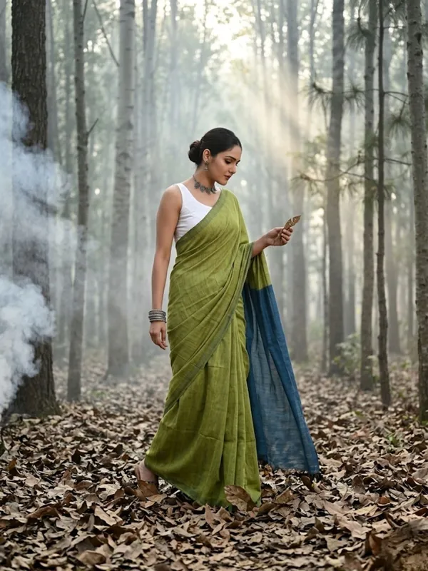 Earthloom_Handdyed_Khadi_Cotton_Saree_Vibrant_Green