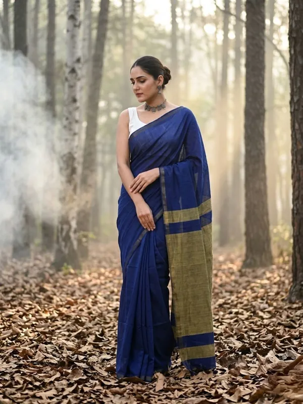 Earthloom_Handdyed_Khadi_Cotton_Saree_Serene_Indigo