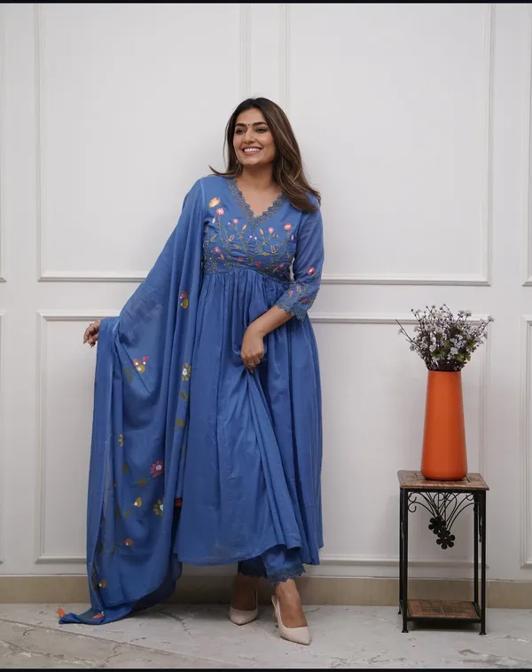 Royal_Blue_Cotton_Anarkali_Kurta_With_Pant_&_Dupatta_Set_For_Women