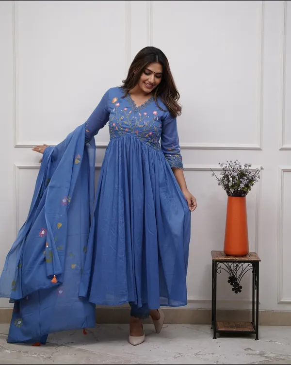 Royal_Blue_Cotton_Anarkali_Kurta_With_Pant_&_Dupatta_Set_For_Women