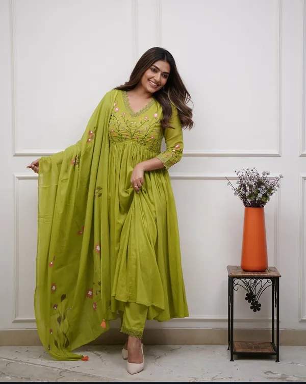 Parrot_Green_Cotton_Anarkali_Kurta_With_Pant_&_Dupatta_Set_For_Women