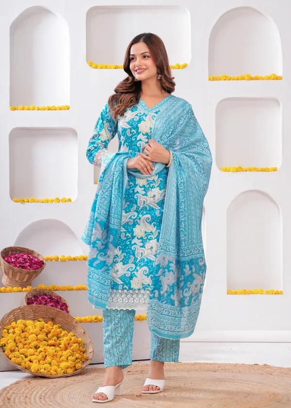 Blue_Cotton_Kurti_Pant_&_Dupatta_Set_For_Women