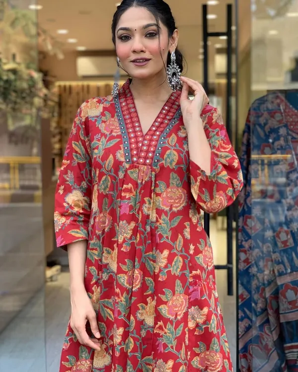 Red_Cotton_Anarkali_Kurta_With_Pant_&_Dupatta_Set_For_Women