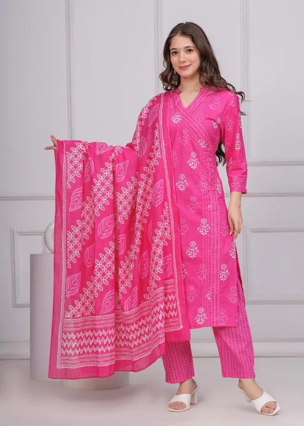 Pink_Cotton_Angrakha_Kurti_With_Pant_&_Dupatta_Set_For_Women