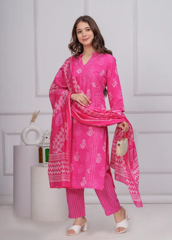 Pink_Cotton_Angrakha_Kurti_With_Pant_&_Dupatta_Set_For_Women