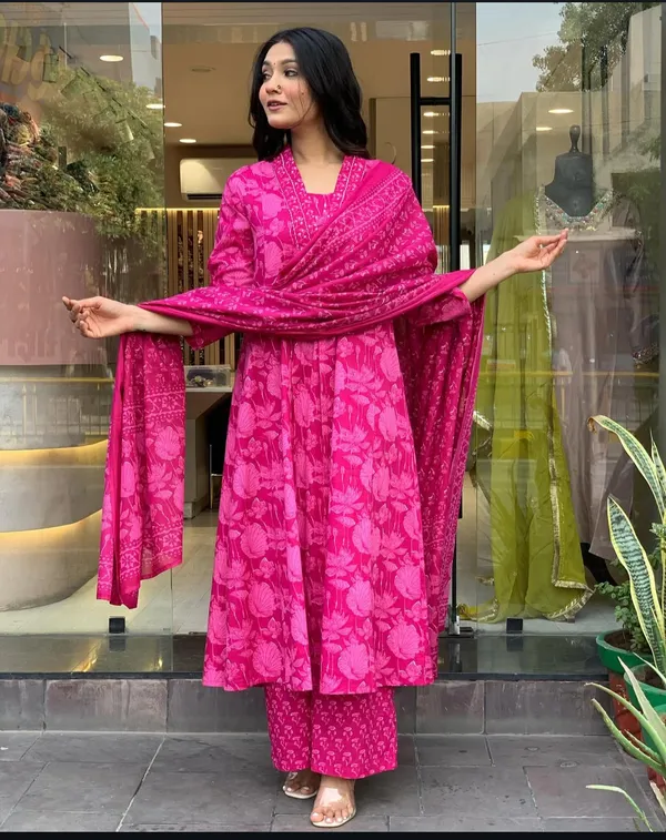 Pink_Cotton_Anarkali_Kurta_With_Pant_&_Dupatta_Set_For_Women