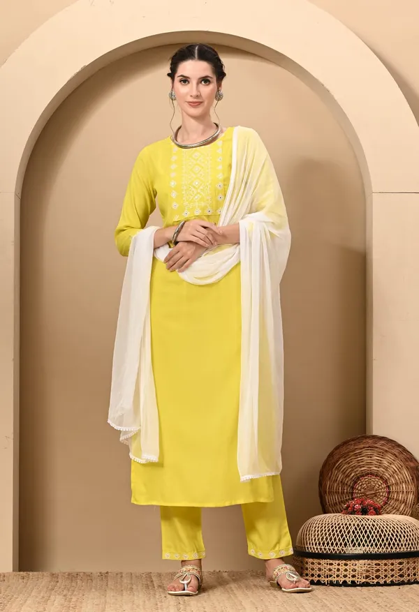 Yellow_Rayon_Kurti_&_Pant_Set_For_Women