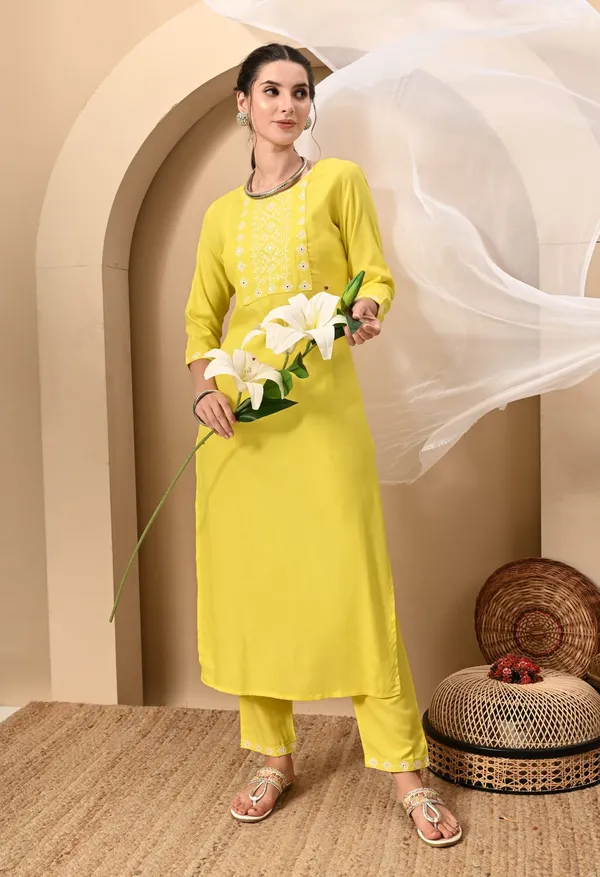 Yellow_Rayon_Kurti_&_Pant_Set_For_Women
