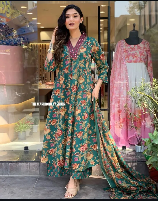 Green_Cotton_Anarkali_Kurta_With_Pant_&_Dupatta_Set_For_Women
