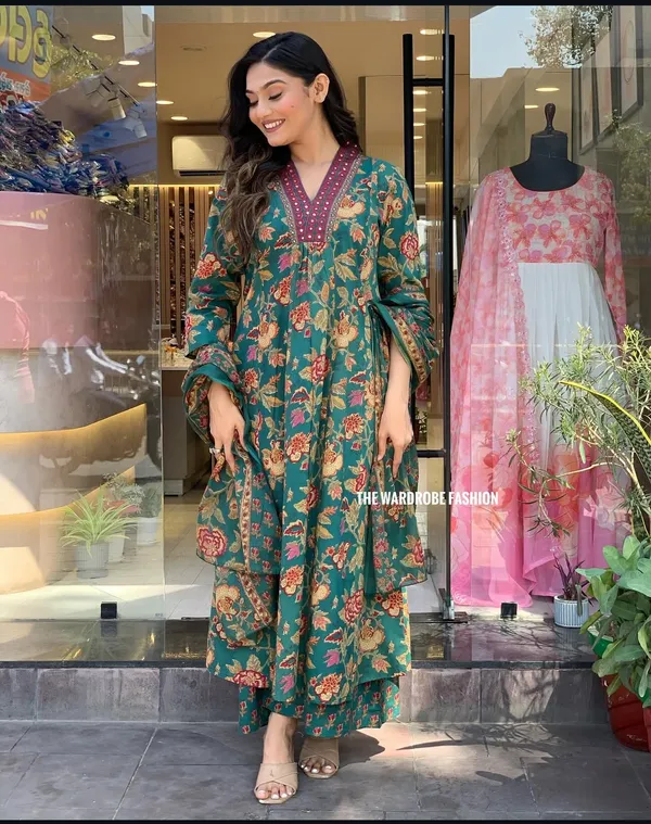 Green_Cotton_Anarkali_Kurta_With_Pant_&_Dupatta_Set_For_Women